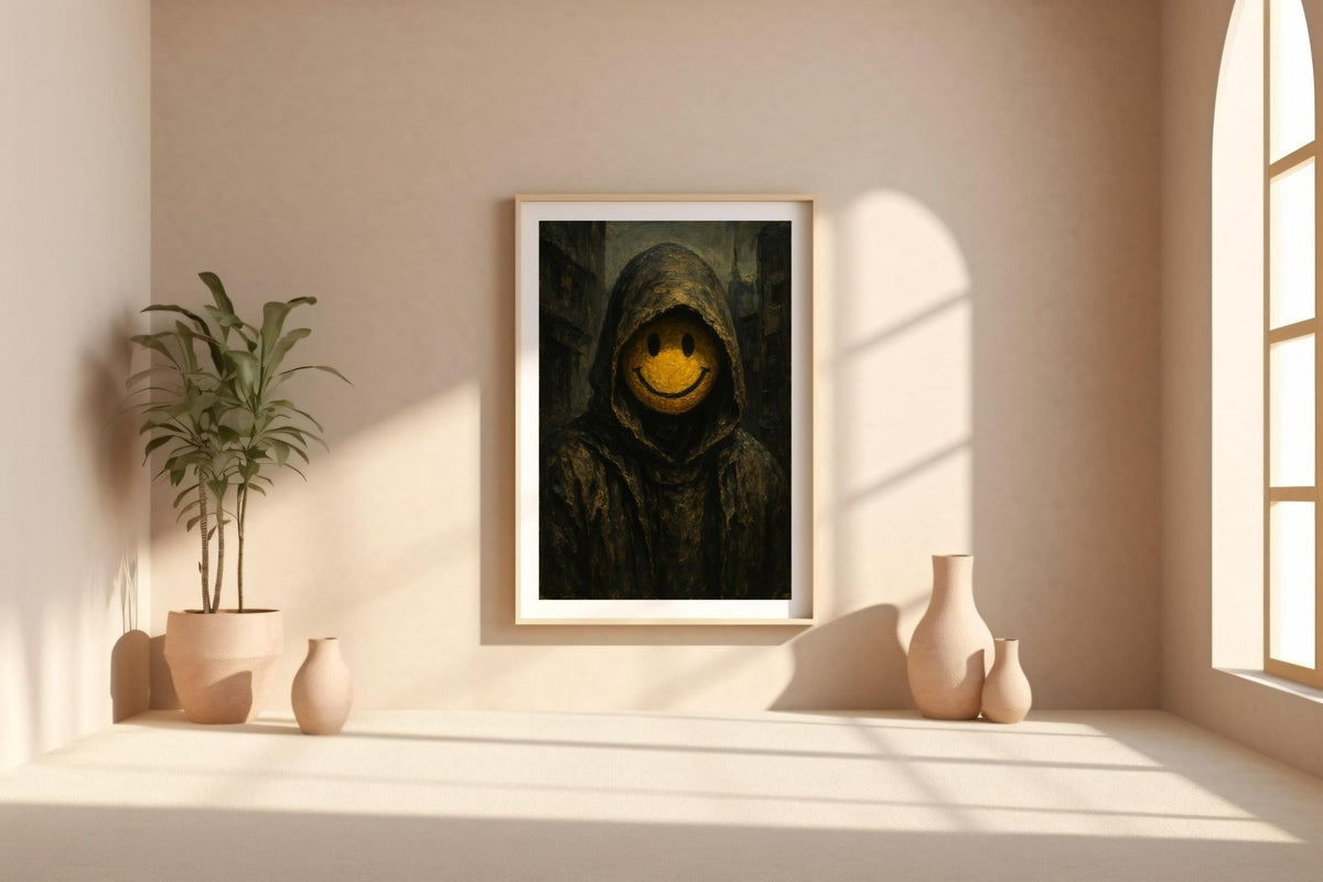 Dystopian Smiley Face Art – Dark Hooded Figure with Grinning Mask, Surreal Gothic Wall Print - Just Great Posters