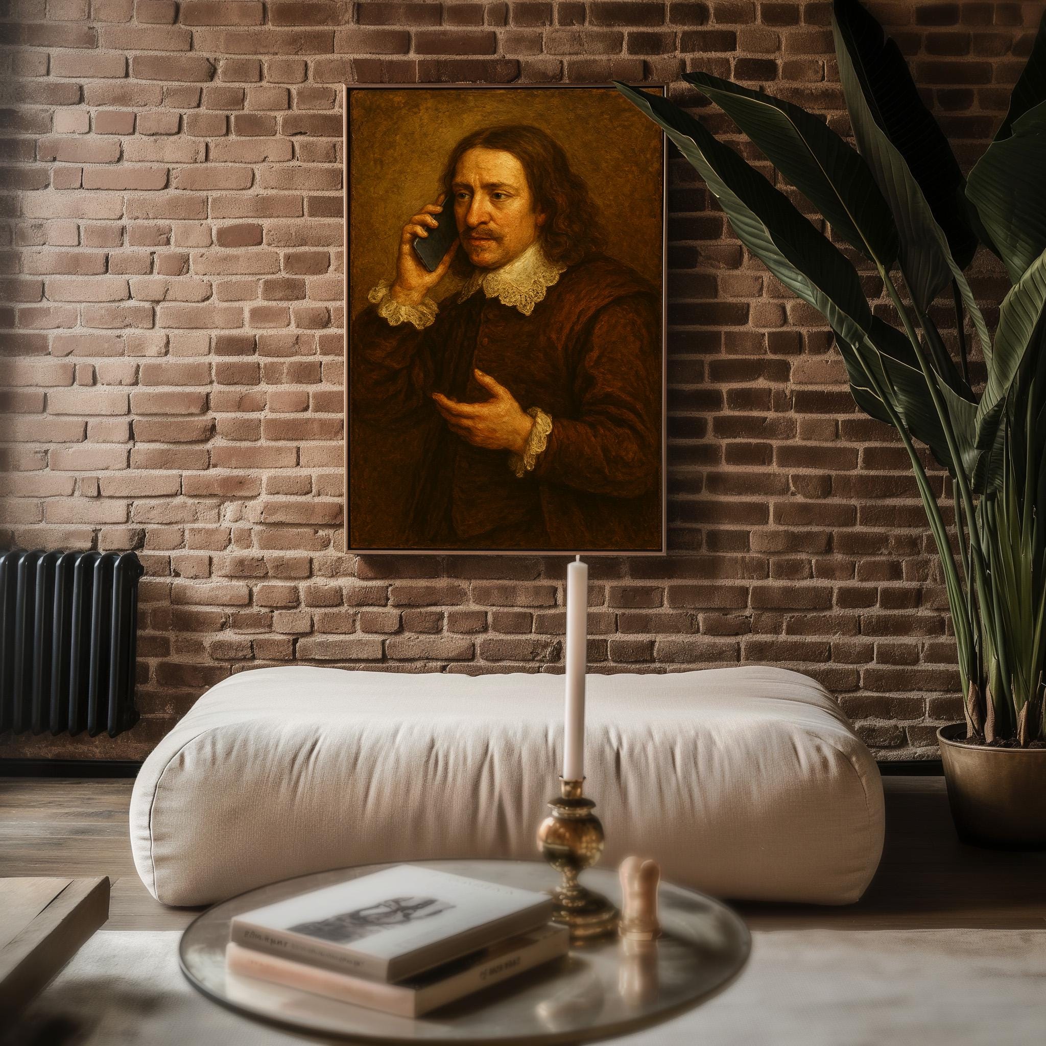 Baroque Man on Cell Phone – Funny Vintage Style Portrait with Modern Twist, Surreal Art Print - Just Great Posters
