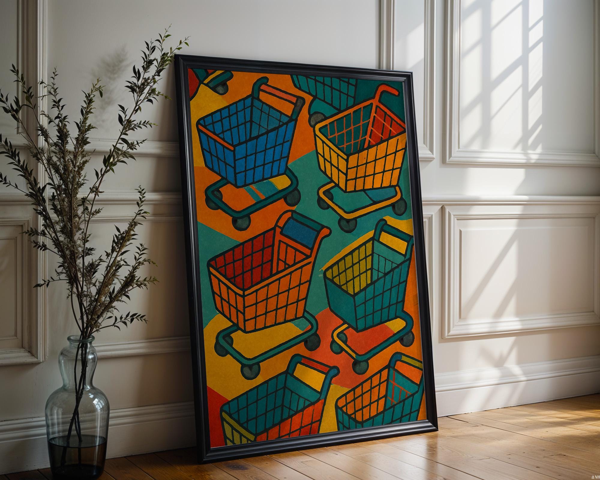 Pop Art Shopping Cart Print – Bold Retro - Inspired Wall Art with Colourful Consumer Culture Twist - Shopping Trolley Print - Just Great Posters
