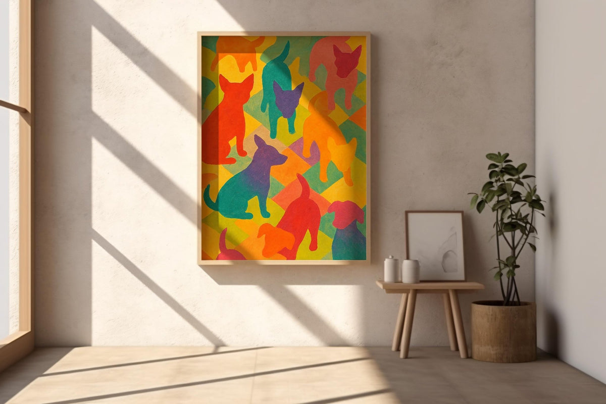 Colourful Dog Silhouettes Art Print – Rainbow Puppy Pattern Wall Decor for Bold, Happy Spaces - Just Great Posters