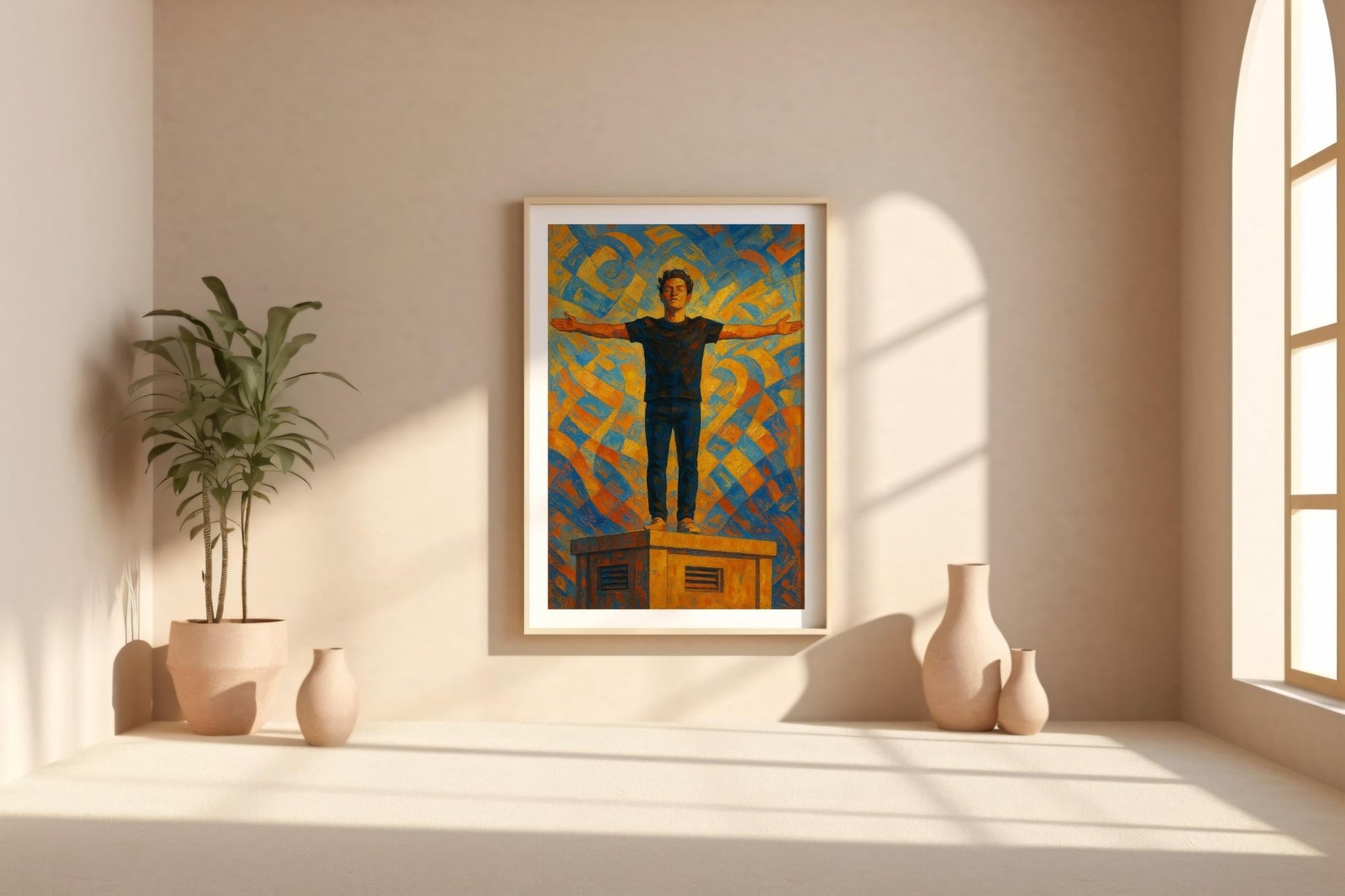 Empowerment Abstract Art Print – Bold Figure with Outstretched Arms, Expressionist Wall Art in Blue & Gold - Just Great Posters