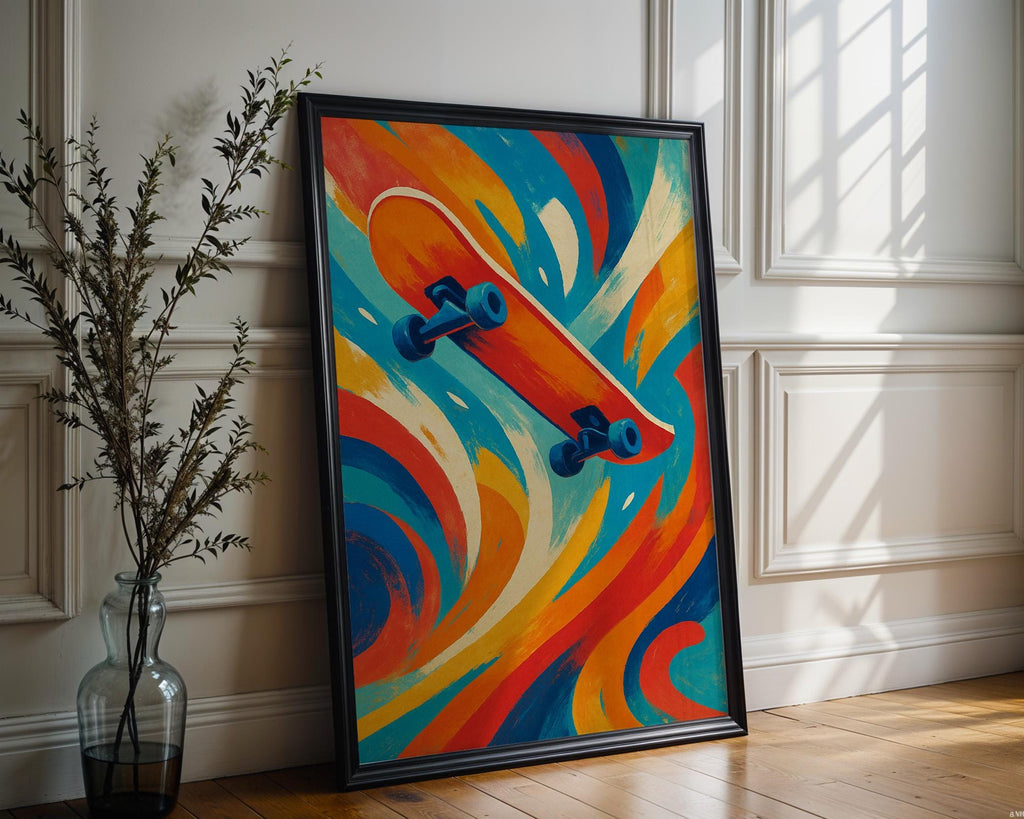 Skateboard Wall Art – Bold Abstract Skater Print in Red, Orange, and Teal with Retro Vibes - Just Great Posters
