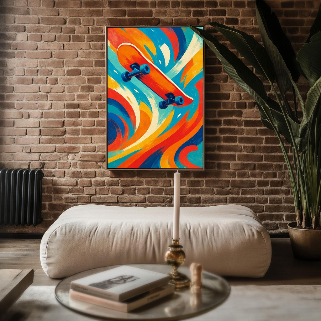 Skateboard Wall Art – Bold Abstract Skater Print in Red, Orange, and Teal with Retro Vibes - Just Great Posters