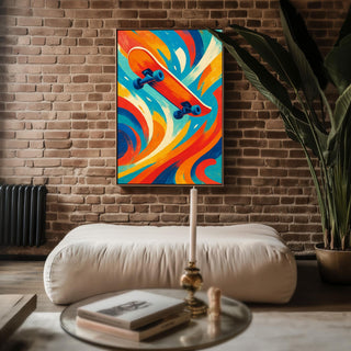 Skateboard Wall Art – Bold Abstract Skater Print in Red, Orange, and Teal with Retro Vibes - Just Great Posters