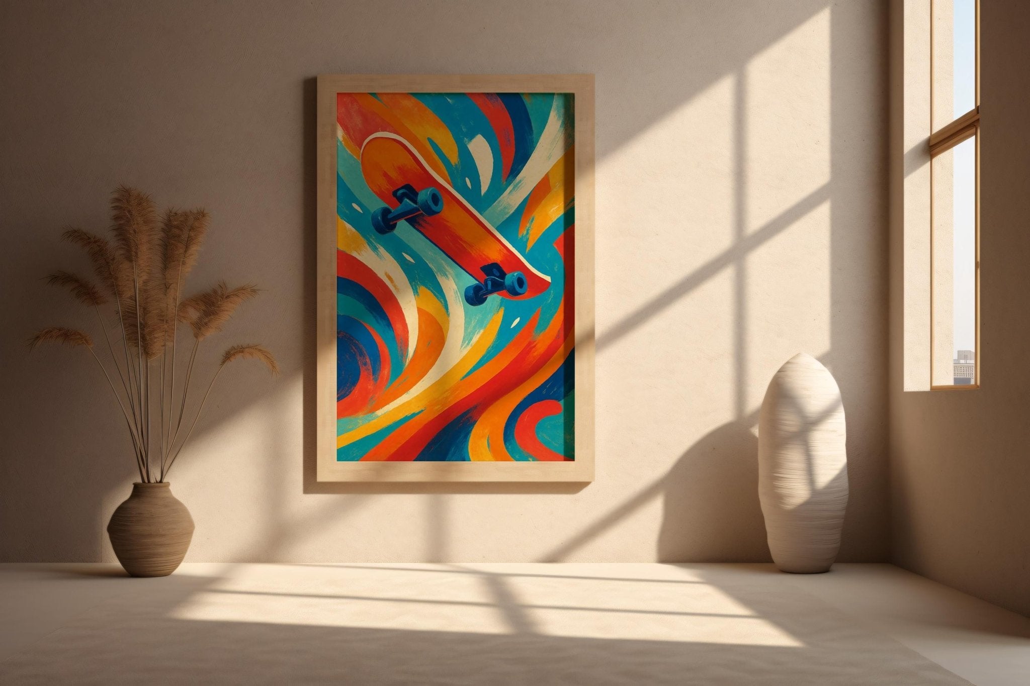 Skateboard Wall Art – Bold Abstract Skater Print in Red, Orange, and Teal with Retro Vibes - Just Great Posters