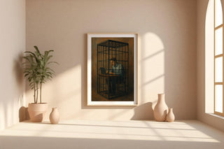 Corporate Cage Art Print – Surreal Modern Painting of Man Trapped at Laptop in Prison Cell - Just Great Posters