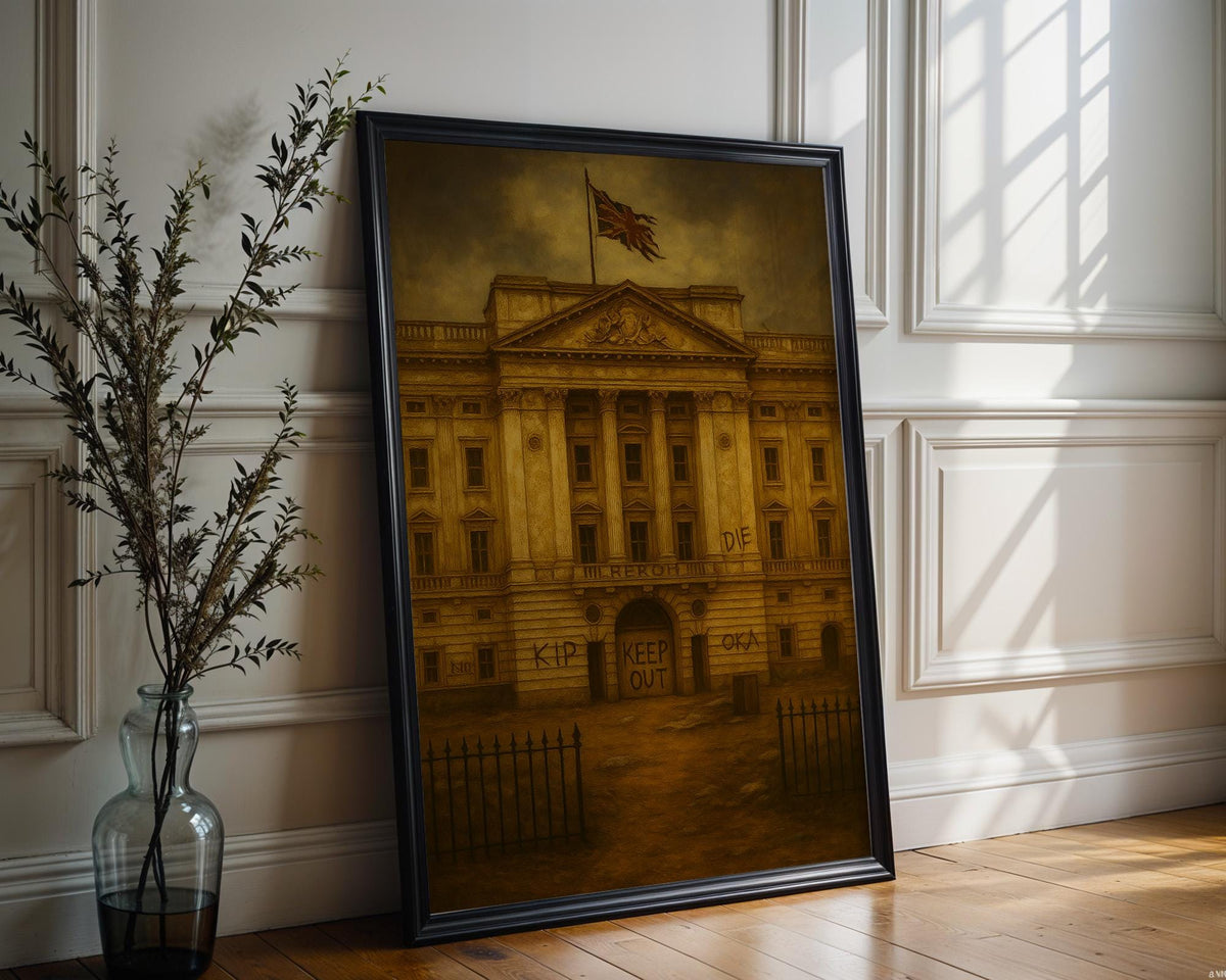 Graffiti Palace Art Print – Dystopian British Monarchy Wall Art with Dark Satirical Twist - Just Great Posters