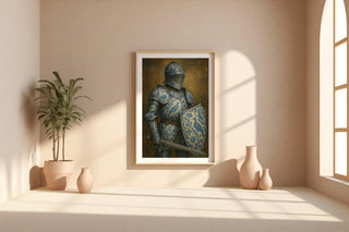 Porcelain Knight Art Print – Chinoiserie pattern - Surreal Blue Floral Armor Wall Art with Sword and Shield - Old Master Style - Just Great Posters