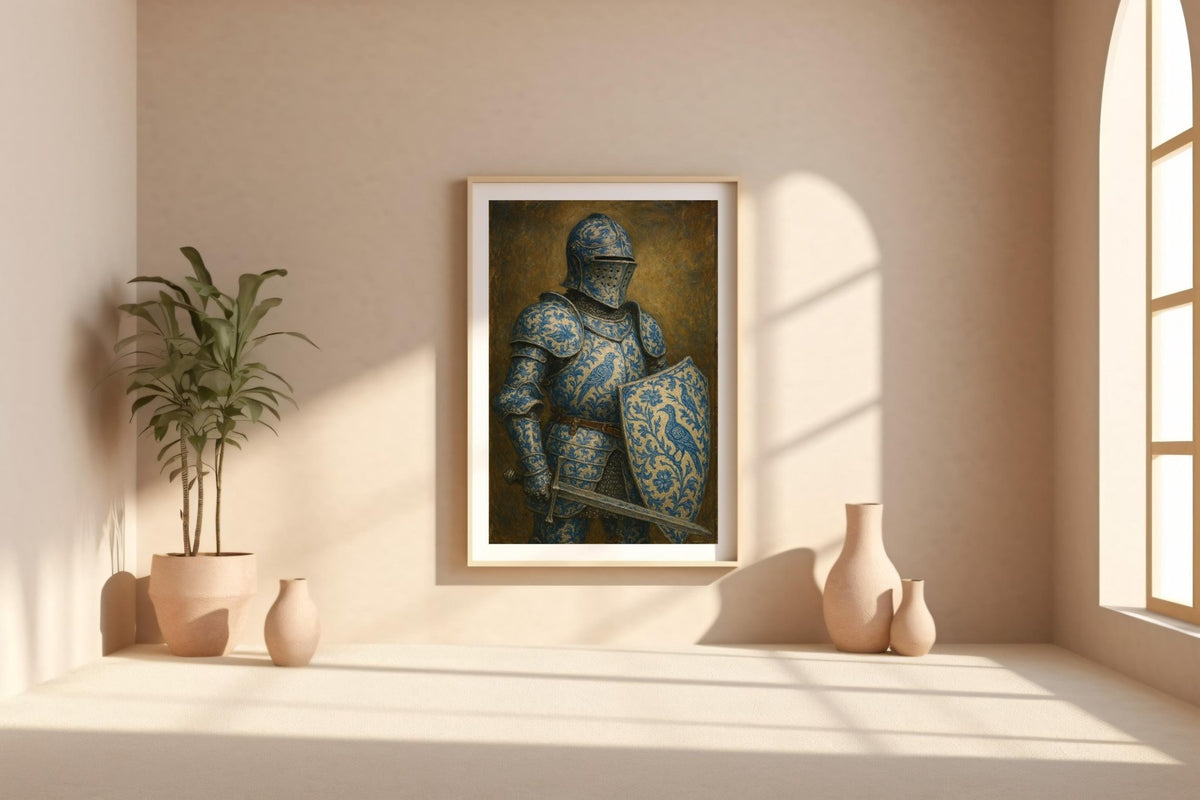 Porcelain Knight Art Print – Chinoiserie pattern - Surreal Blue Floral Armor Wall Art with Sword and Shield - Old Master Style - Just Great Posters