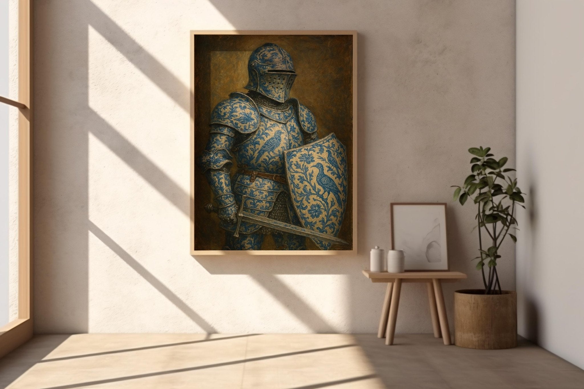 Porcelain Knight Art Print – Chinoiserie pattern - Surreal Blue Floral Armor Wall Art with Sword and Shield - Old Master Style - Just Great Posters