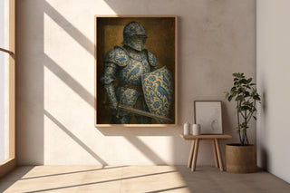 Porcelain Knight Art Print – Chinoiserie pattern - Surreal Blue Floral Armor Wall Art with Sword and Shield - Old Master Style - Just Great Posters
