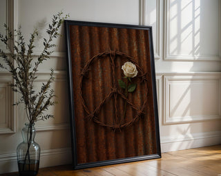 Barbed Wire Peace Sign Print – White Rose on Rusted Metal, Gritty Symbolic Wall Art - Just Great Posters