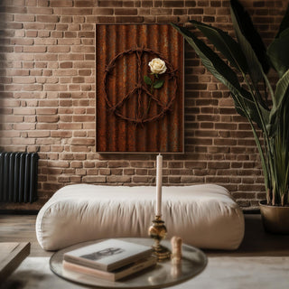 Barbed Wire Peace Sign Print – White Rose on Rusted Metal, Gritty Symbolic Wall Art - Just Great Posters