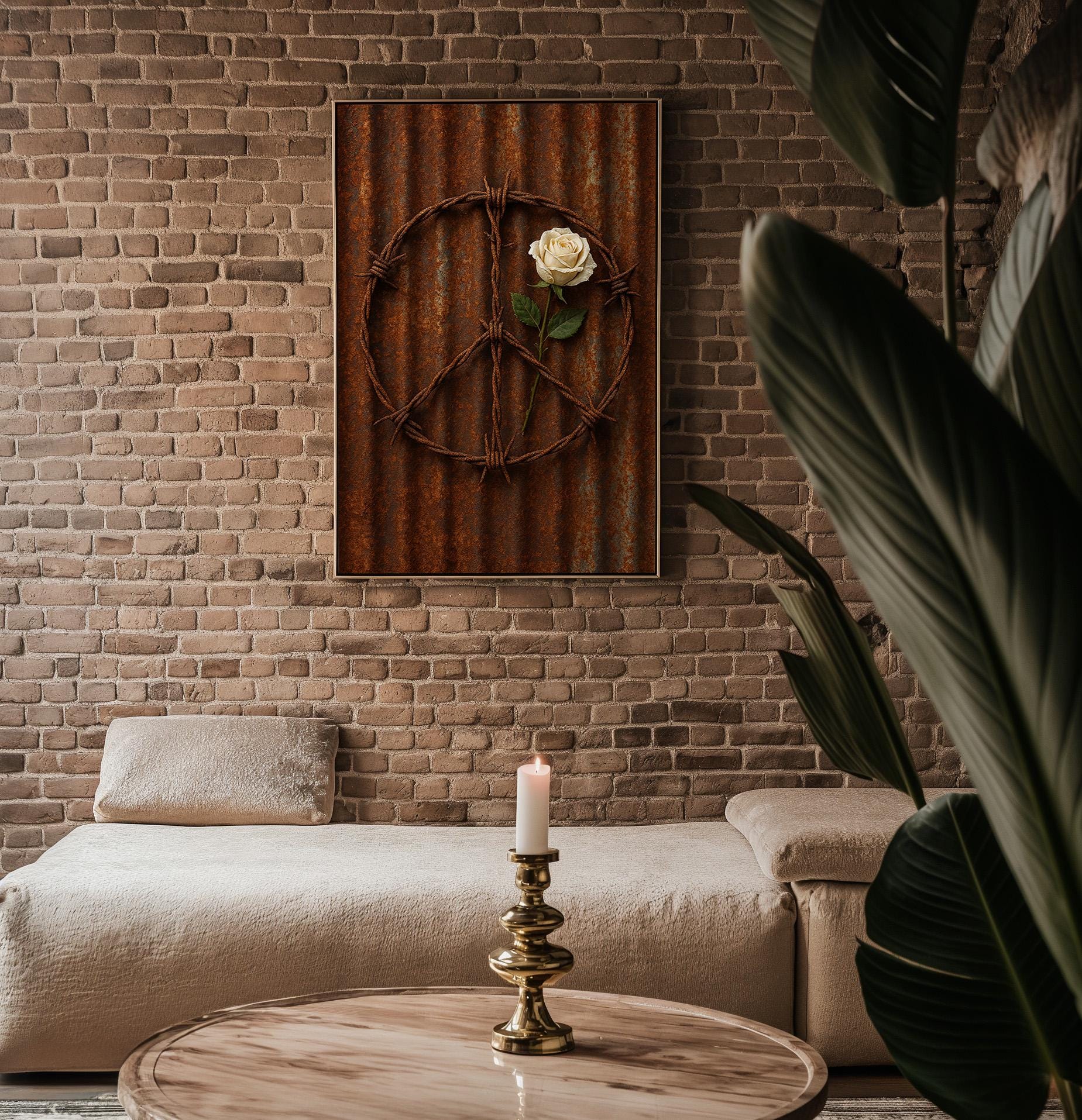 Barbed Wire Peace Sign Print – White Rose on Rusted Metal, Gritty Symbolic Wall Art - Just Great Posters
