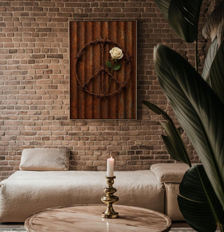 Barbed Wire Peace Sign Print – White Rose on Rusted Metal, Gritty Symbolic Wall Art - Just Great Posters