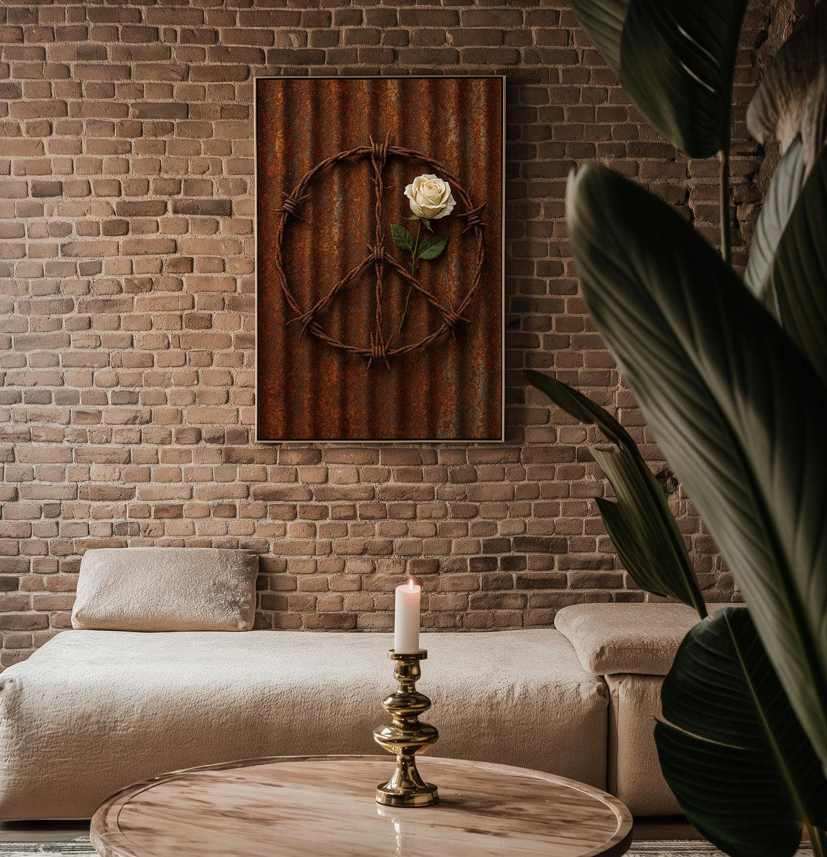 Barbed Wire Peace Sign Print – White Rose on Rusted Metal, Gritty Symbolic Wall Art - Just Great Posters