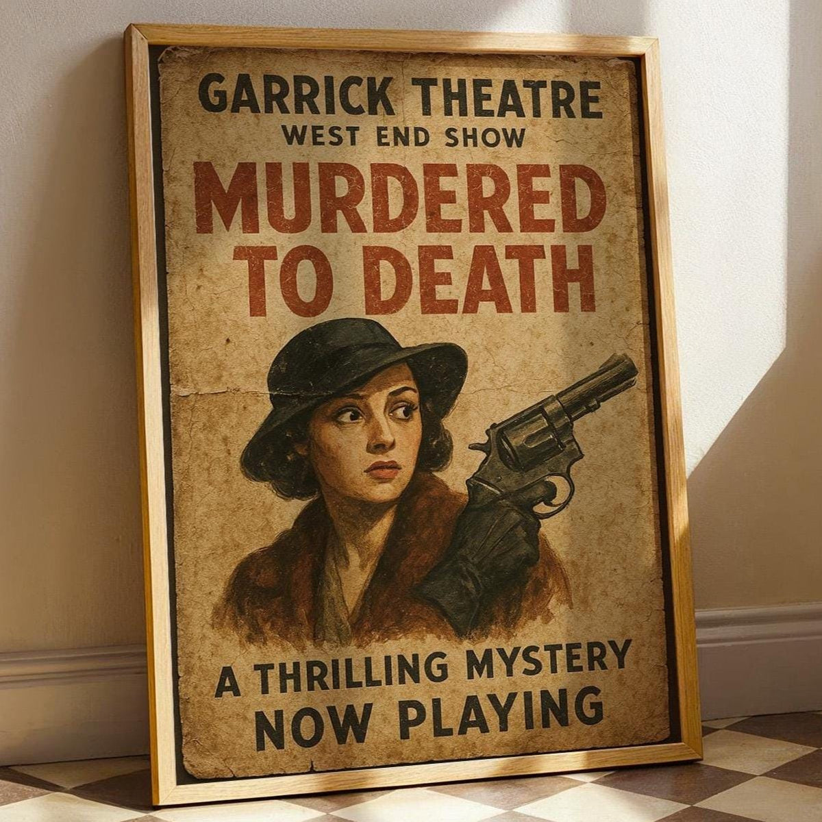 Murdered to Death Mystery Poster – West End Thriller Print with Femme Fatale Noir Style - Just Great Posters