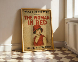 The Woman in Red Theatre Poster – Vintage Mystery Drama Print with Retro Femme Fatale Flair - Just Great Posters