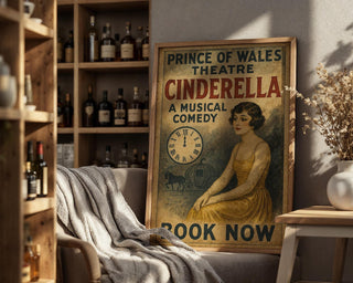 Cinderella Musical Comedy Poster – Vintage Fairytale Theatre Print with Clock and Coach Motif - Just Great Posters