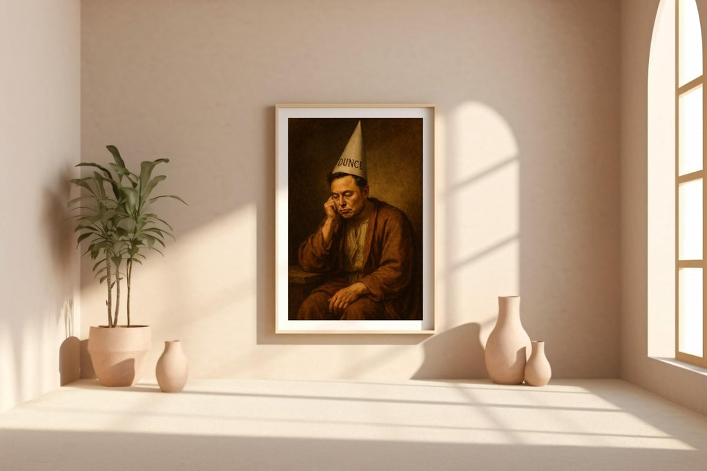 Not Elon Musk in Dunce Hat Renaissance Art Print – Funny Historical Painting Parody, Moody Satire Wall Art, Weird Gift for Smart People - Just Great Posters