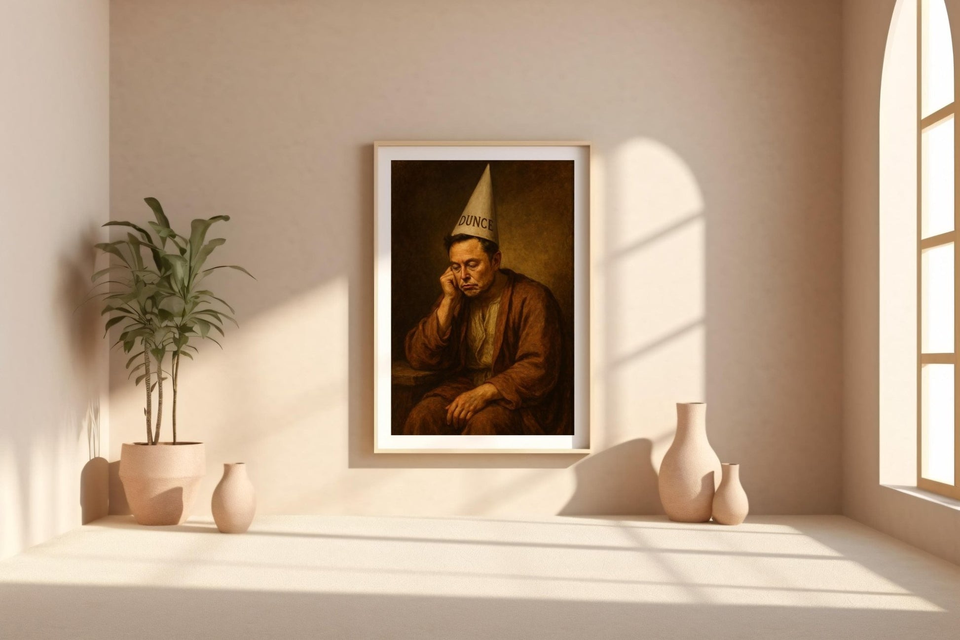 Not Elon Musk in Dunce Hat Renaissance Art Print – Funny Historical Painting Parody, Moody Satire Wall Art, Weird Gift for Smart People - Just Great Posters
