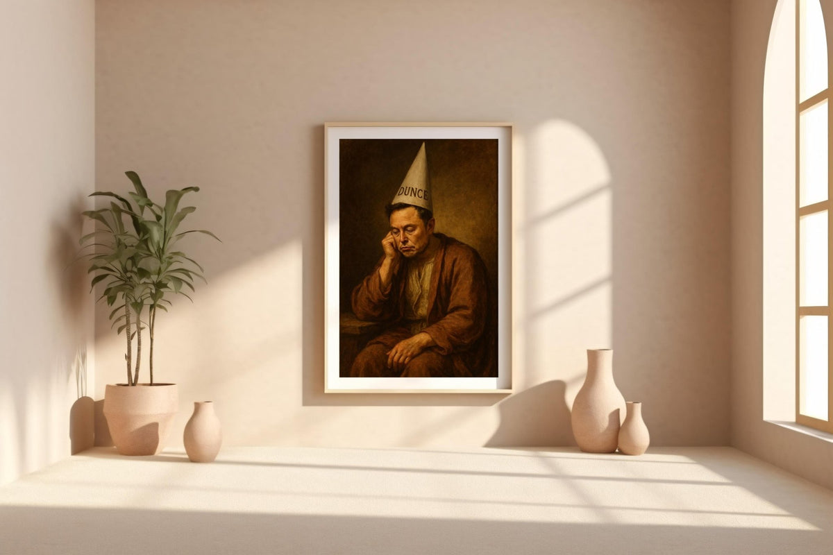 Not Elon Musk in Dunce Hat Renaissance Art Print – Funny Historical Painting Parody, Moody Satire Wall Art, Weird Gift for Smart People - Just Great Posters