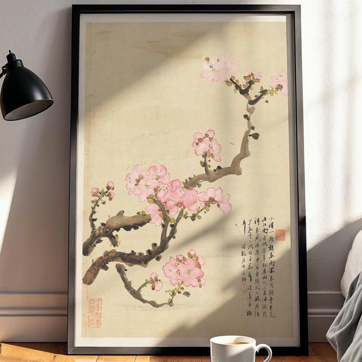 Cherry Blossom Ink Painting Print – Vintage Japanese Sakura Art, Minimalist Botanical Wall Decor, Pink Flower Woodblock - Style Poster - Just Great Posters
