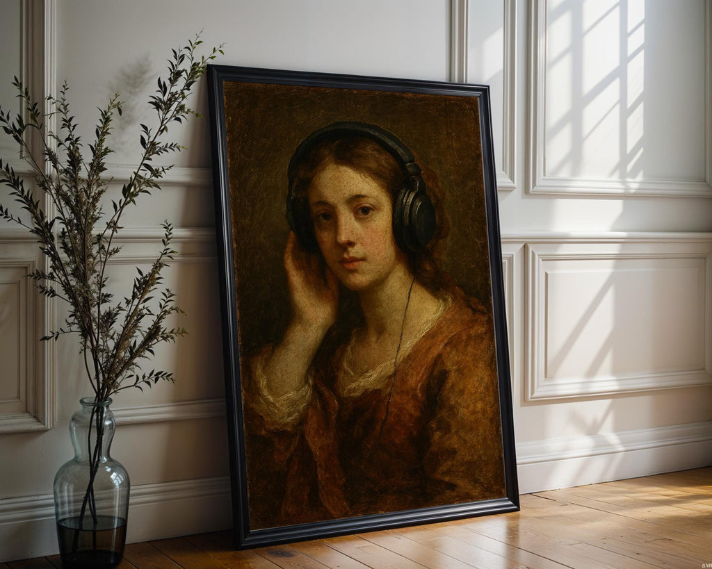 Vintage Girl With Headphones Print – Funny Classical Painting Remix, Lo - Fi Aesthetic Digital Wall Art, Moody Music Poster - Just Great Posters