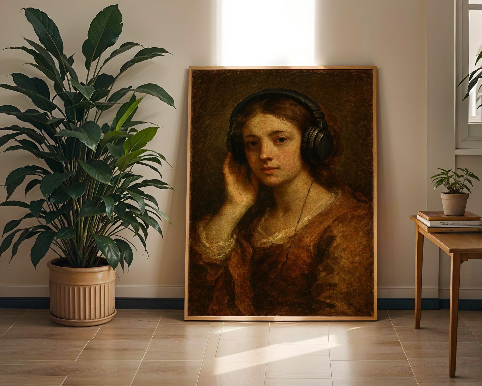Vintage Girl With Headphones Print – Funny Classical Painting Remix, Lo - Fi Aesthetic Digital Wall Art, Moody Music Poster - Just Great Posters