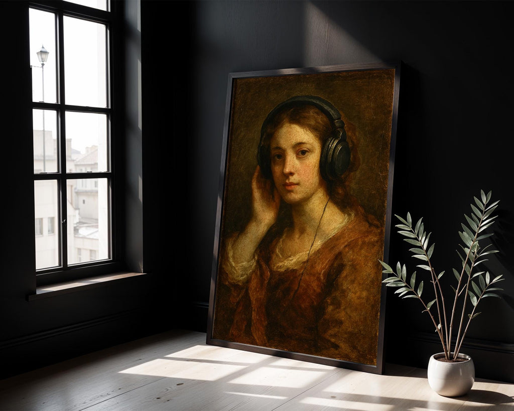 Vintage Girl With Headphones Print – Funny Classical Painting Remix, Lo - Fi Aesthetic Digital Wall Art, Moody Music Poster - Just Great Posters