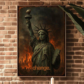 Dystopian Liberty Art Print – Apocalyptic Statue of Liberty with “Change” Text, Political Wall Art - Just Great Posters