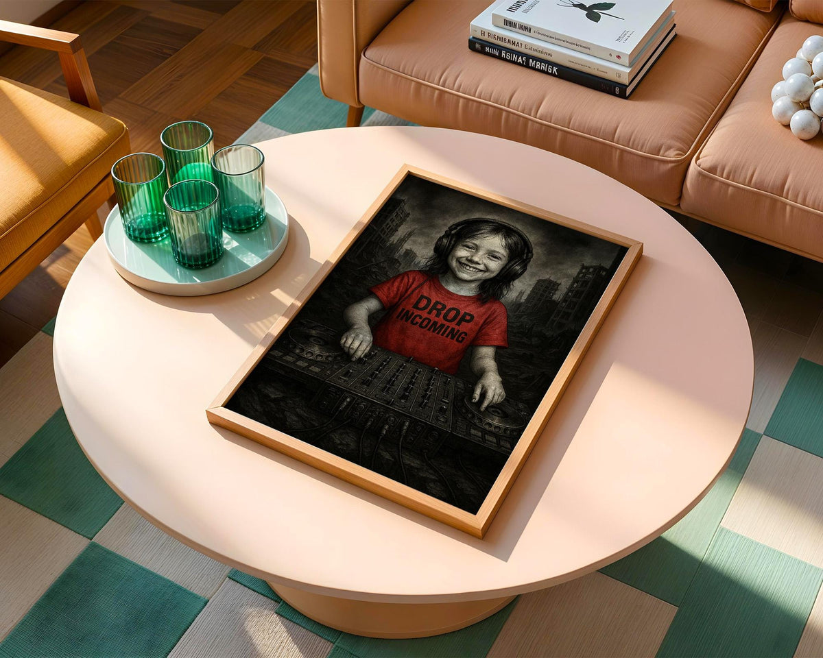 Smiling Kid DJ in Dystopian Ruins | Drop Incoming Tee Art Print | Dark Humour Wall Art | Apocalyptic Music Poster | Free Shipping - Just Great Posters