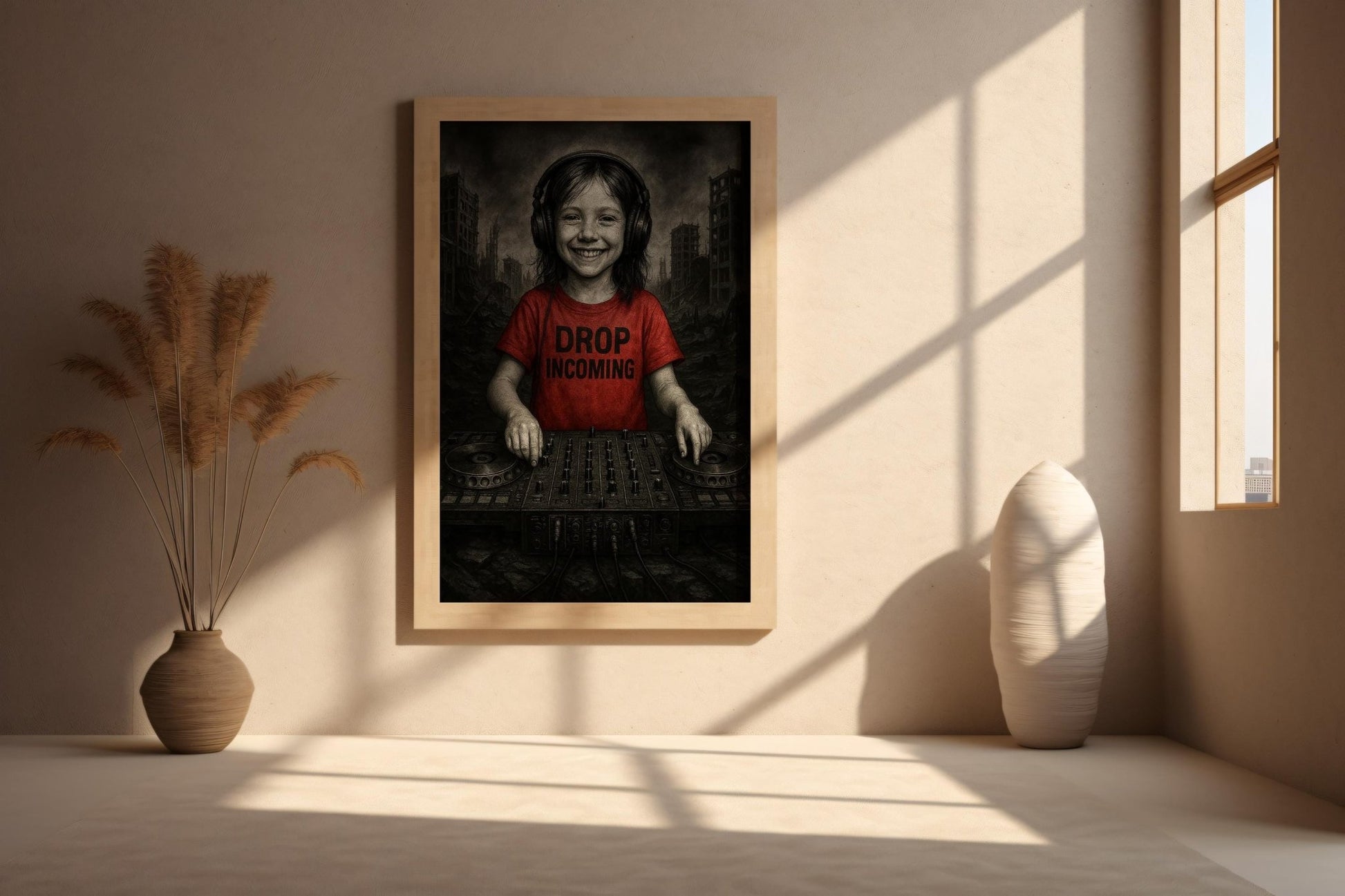 Smiling Kid DJ in Dystopian Ruins | Drop Incoming Tee Art Print | Dark Humour Wall Art | Apocalyptic Music Poster | Free Shipping - Just Great Posters