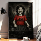 Smiling Kid DJ in Dystopian Ruins | Drop Incoming Tee Art Print | Dark Humour Wall Art | Apocalyptic Music Poster | Free Shipping - Just Great Posters