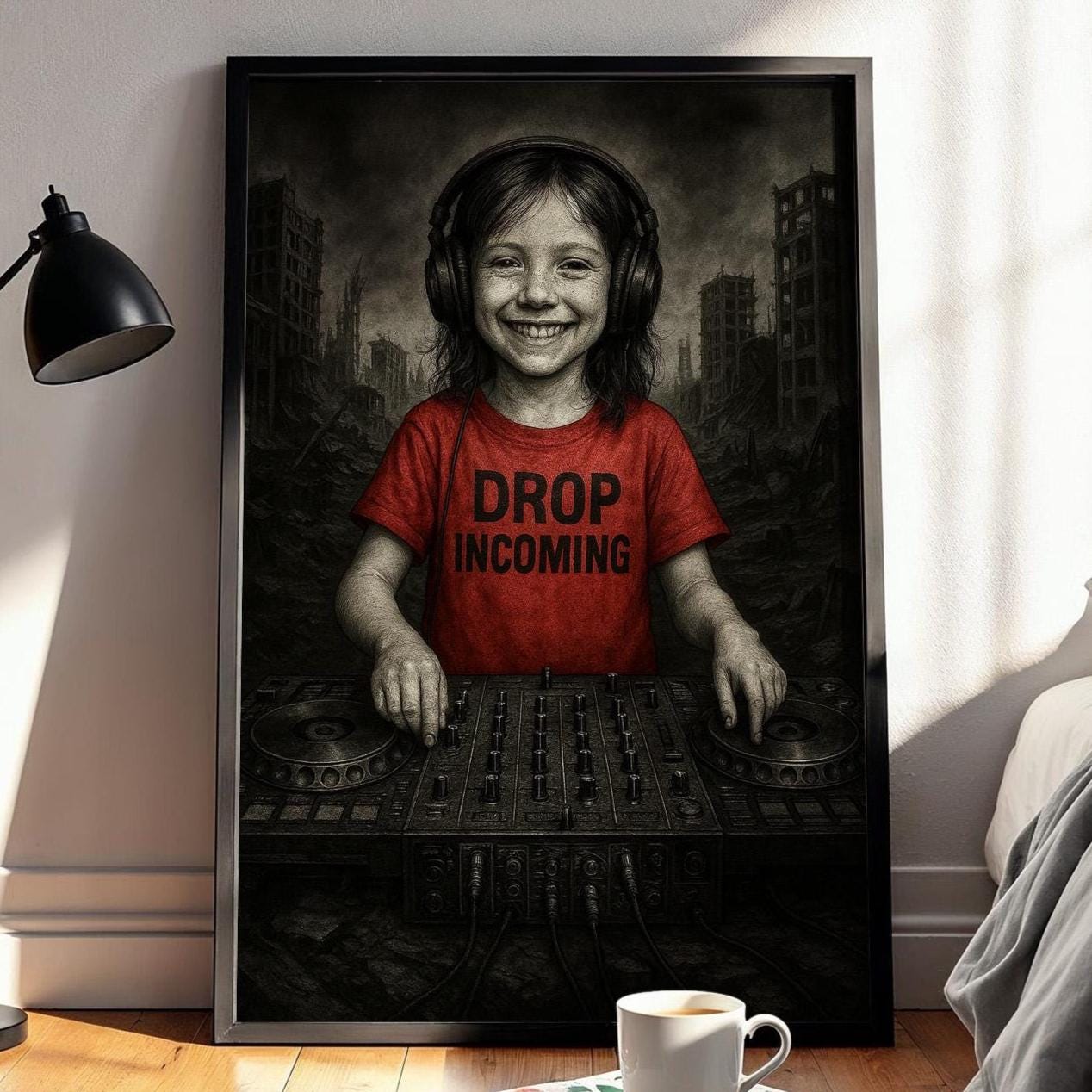 Smiling Kid DJ in Dystopian Ruins | Drop Incoming Tee Art Print | Dark Humour Wall Art | Apocalyptic Music Poster | Free Shipping - Just Great Posters