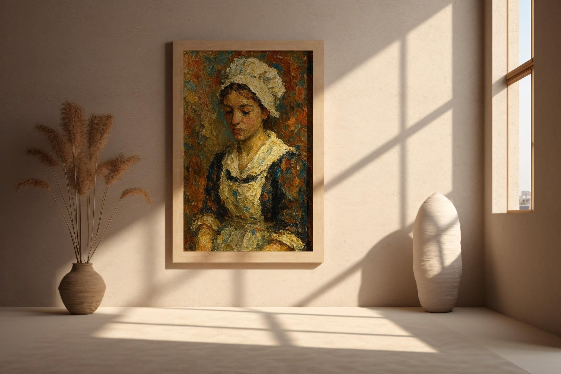 Textured Maid Portrait Print | Classic Oil Style Painting Wall Art | Vintage - Inspired Emotional Figure Study | Free Shipping - Just Great Posters
