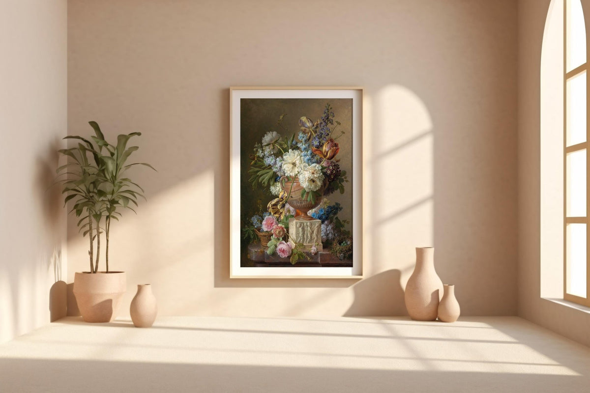 Floral Still Life Poster Print – Dutch Master Style Wall Art with Classical Urn, Roses, and Bird’s Nest, Vintage Fine Art Decor - Just Great Posters
