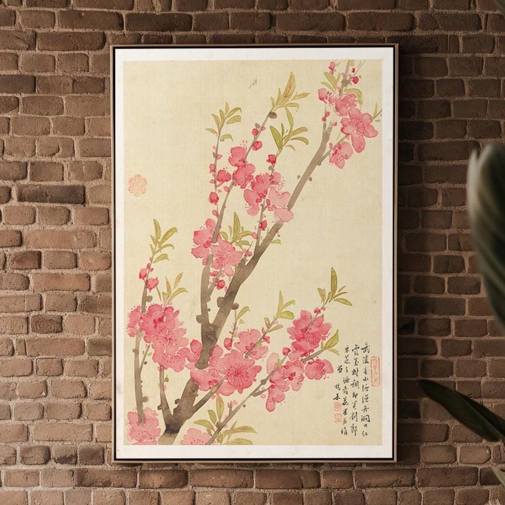 Blossom Japanese Ink Print – Minimalist Vintage Botanical Art, Pink Flower Branch Watercolor Poster, Zen Asian Wall Decor - Just Great Posters