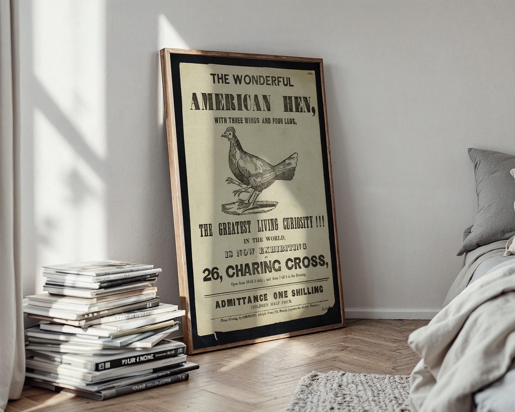 Vintage Sideshow Poster Print – The Wonderful American Hen – Three Wings Four Legs Chicken – Odd Animal Freak Show Reprint - Just Great Posters