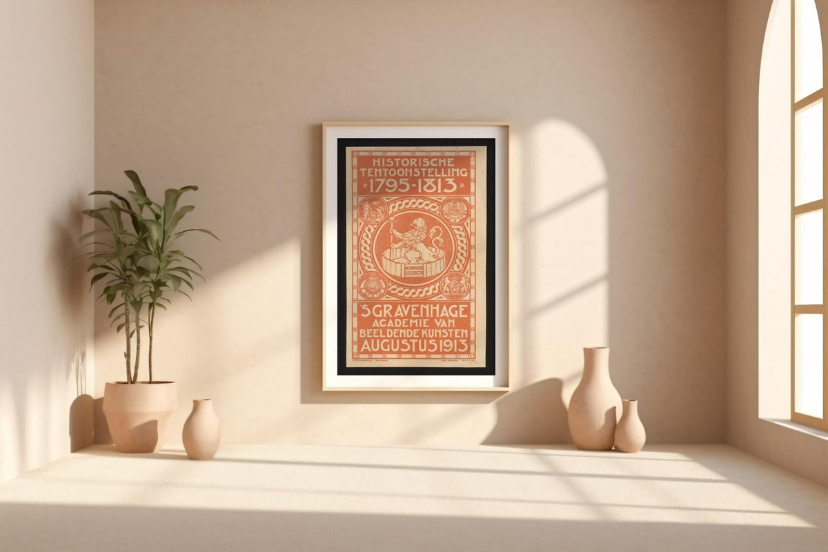Vintage Exhibition Poster Print – Dutch Historic Art Show 1913 Reprint – Ornate Red Typography with Lion Emblem and Dutch Text - Just Great Posters