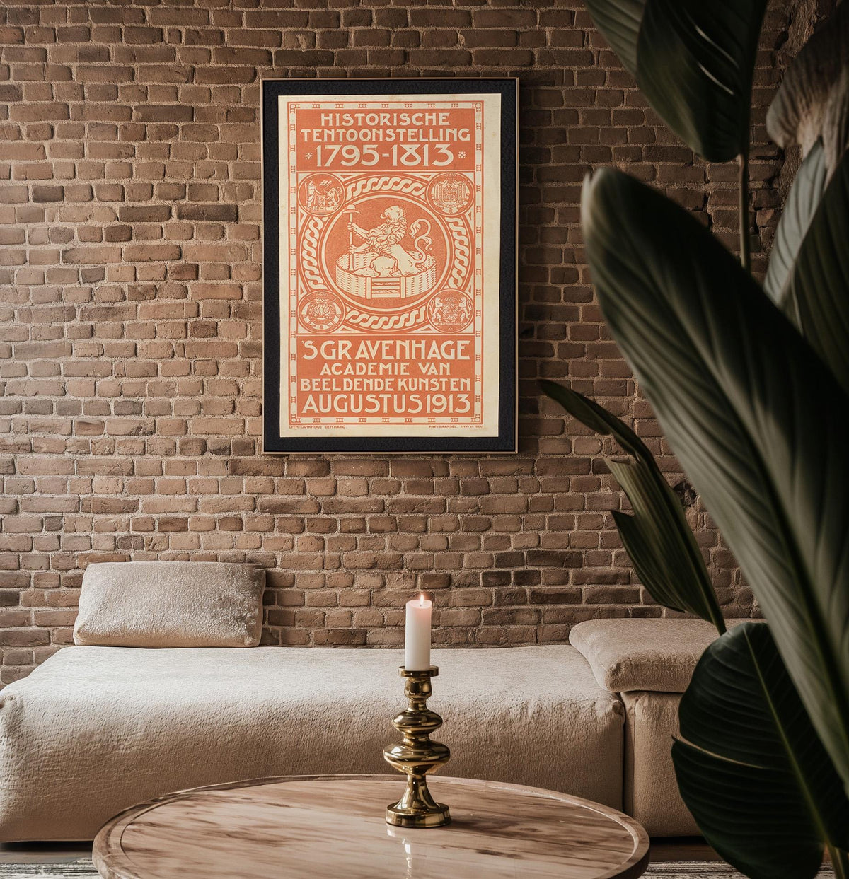Vintage Exhibition Poster Print – Dutch Historic Art Show 1913 Reprint – Ornate Red Typography with Lion Emblem and Dutch Text - Just Great Posters