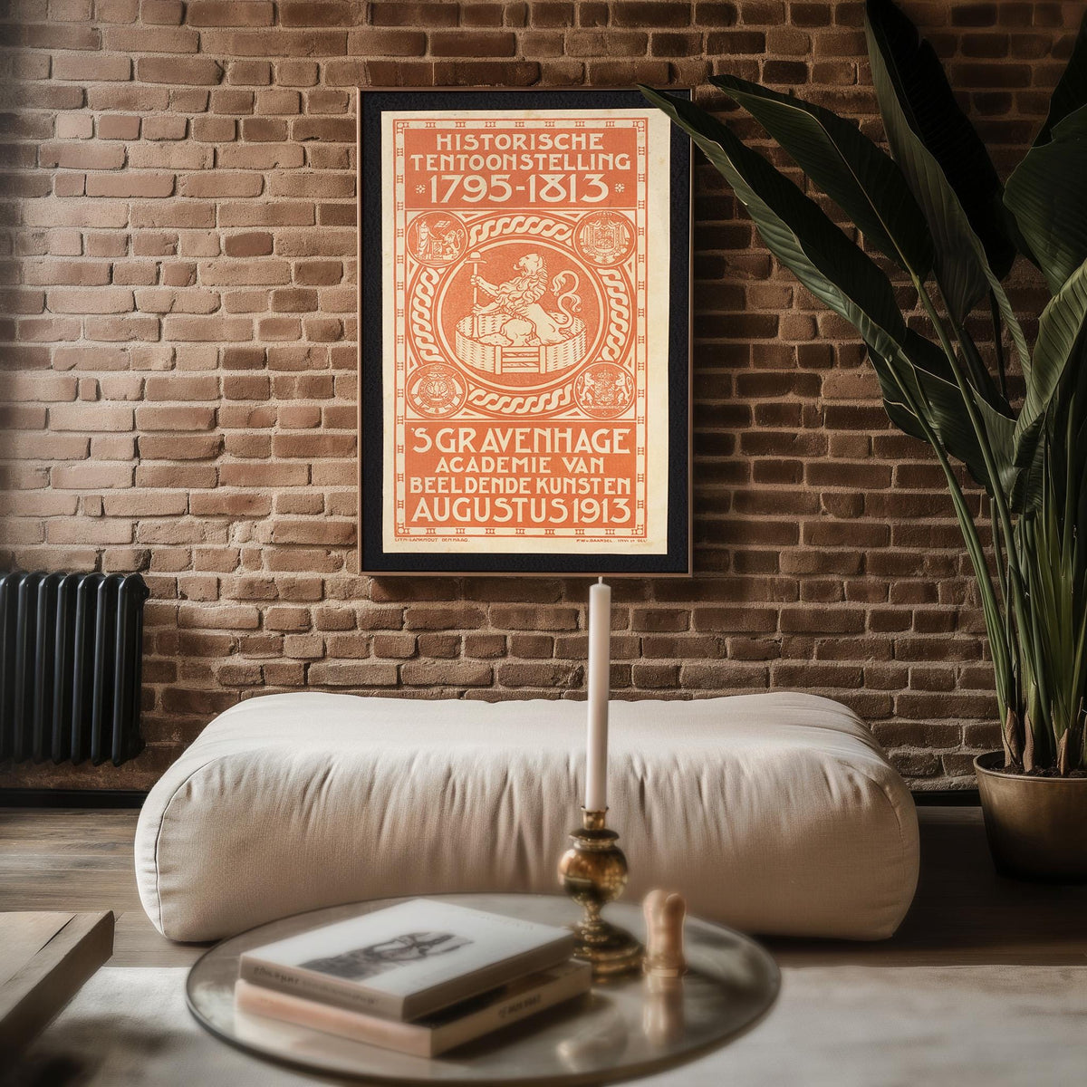 Vintage Exhibition Poster Print – Dutch Historic Art Show 1913 Reprint – Ornate Red Typography with Lion Emblem and Dutch Text - Just Great Posters