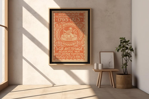 Vintage Exhibition Poster Print – Dutch Historic Art Show 1913 Reprint – Ornate Red Typography with Lion Emblem and Dutch Text - Just Great Posters