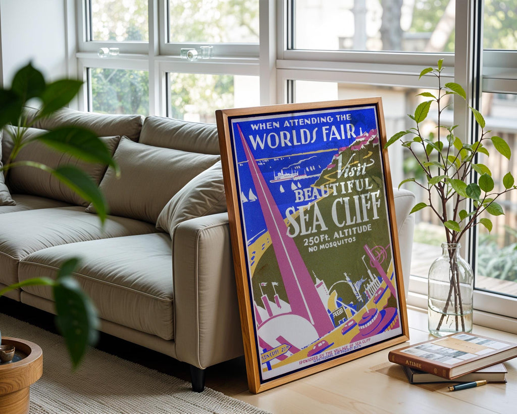 Vintage Travel Poster Print – Sea Cliff WPA Reprint from 1930s World’s Fair – Bold Modernist Landscape with Coastal Town Artwork - Just Great Posters