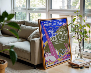 Vintage Travel Poster Print – Sea Cliff WPA Reprint from 1930s World’s Fair – Bold Modernist Landscape with Coastal Town Artwork - Just Great Posters