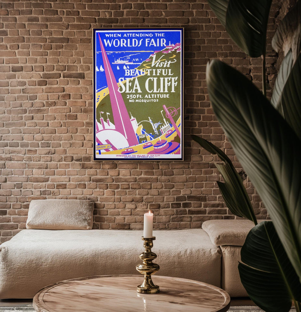 Vintage Travel Poster Print – Sea Cliff WPA Reprint from 1930s World’s Fair – Bold Modernist Landscape with Coastal Town Artwork - Just Great Posters