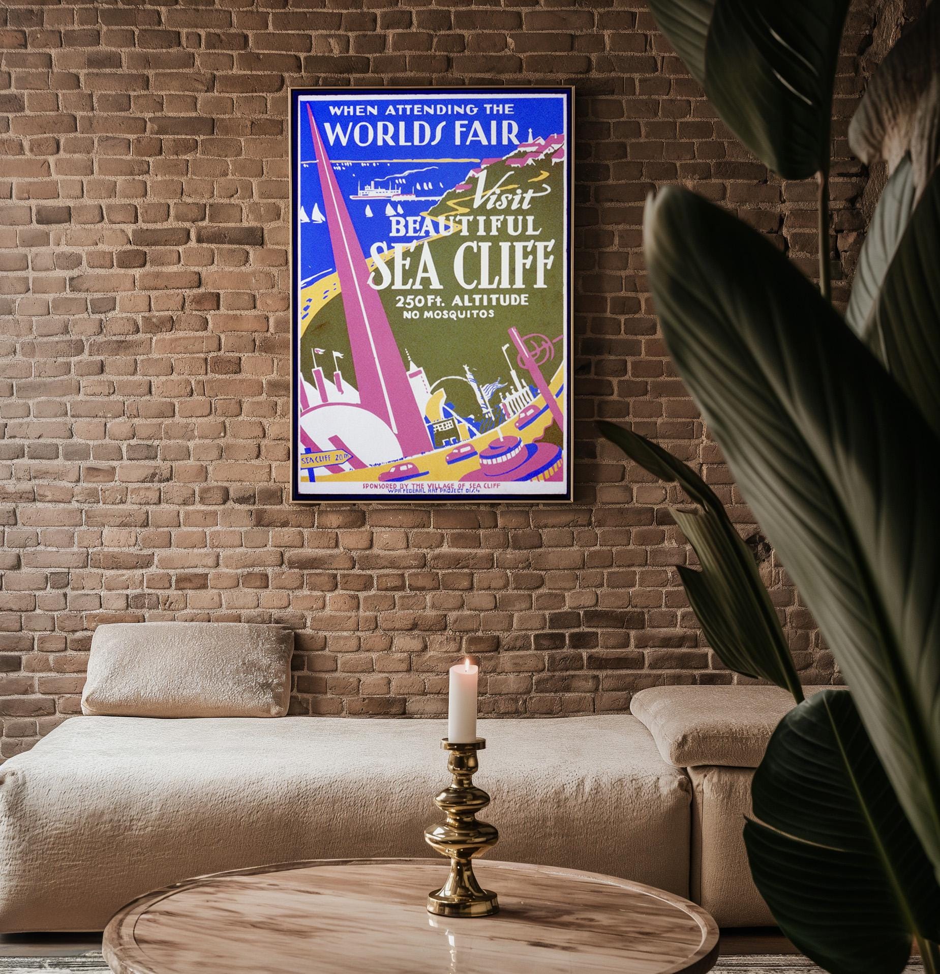 Vintage Travel Poster Print – Sea Cliff WPA Reprint from 1930s World’s Fair – Bold Modernist Landscape with Coastal Town Artwork - Just Great Posters