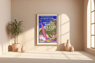 Vintage Travel Poster Print – Sea Cliff WPA Reprint from 1930s World’s Fair – Bold Modernist Landscape with Coastal Town Artwork - Just Great Posters