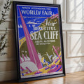 Vintage Travel Poster Print – Sea Cliff WPA Reprint from 1930s World’s Fair – Bold Modernist Landscape with Coastal Town Artwork - Just Great Posters