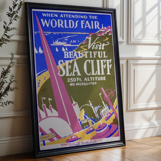 Vintage Travel Poster Print – Sea Cliff WPA Reprint from 1930s World’s Fair – Bold Modernist Landscape with Coastal Town Artwork - Just Great Posters